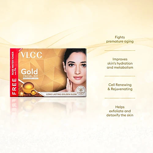 VLCC Gold Facial Kit for Bright and Radiant Complexion + Free Rose Water Toner (300g + 100ml)