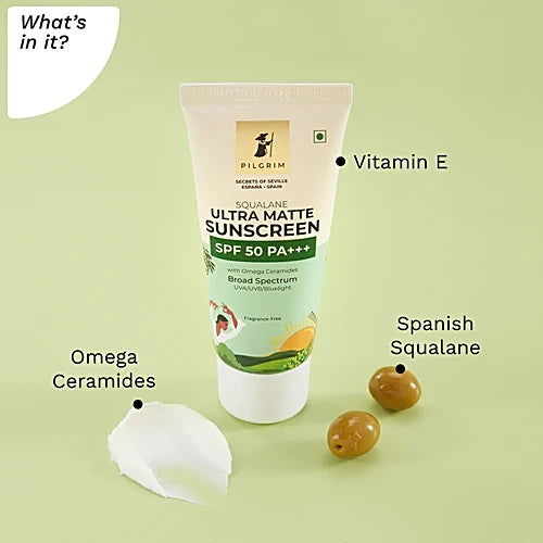 Pilgrim Squalane Ultra Matte Sunscreen - SPF 50, PA+++, With Omega Ceramides, Broad Spectrum, (50 g)