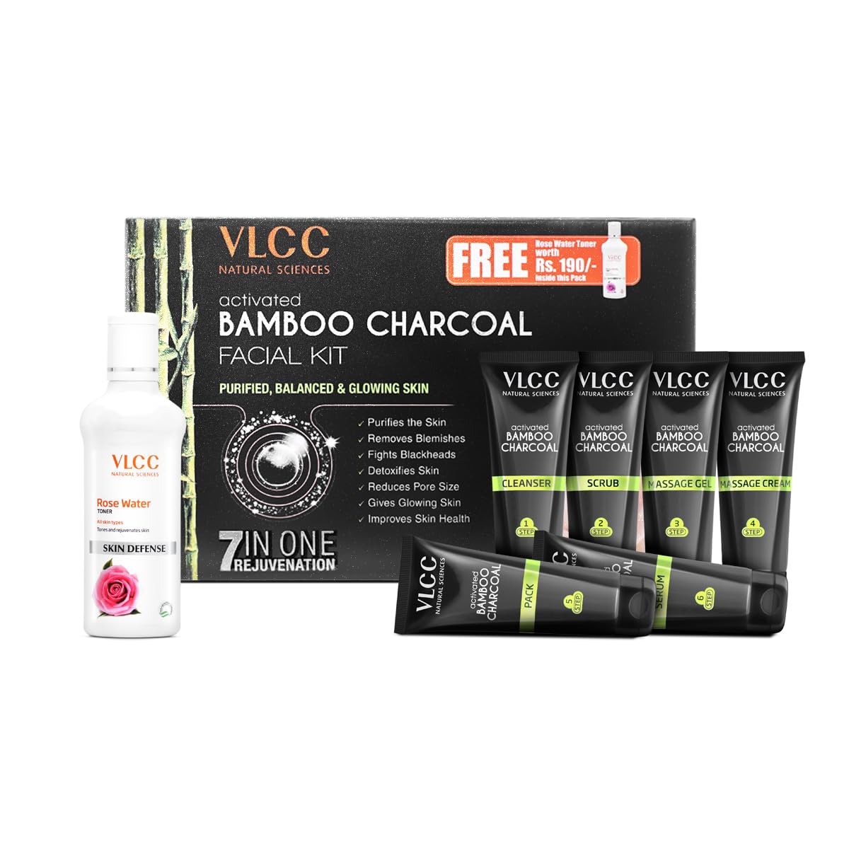 VLCC Activated Bamboo Charcoal Facial Kit for Glowing Skin + Free Rose Water Toner - With Free Toner Rs.170 (300g + 100ml)